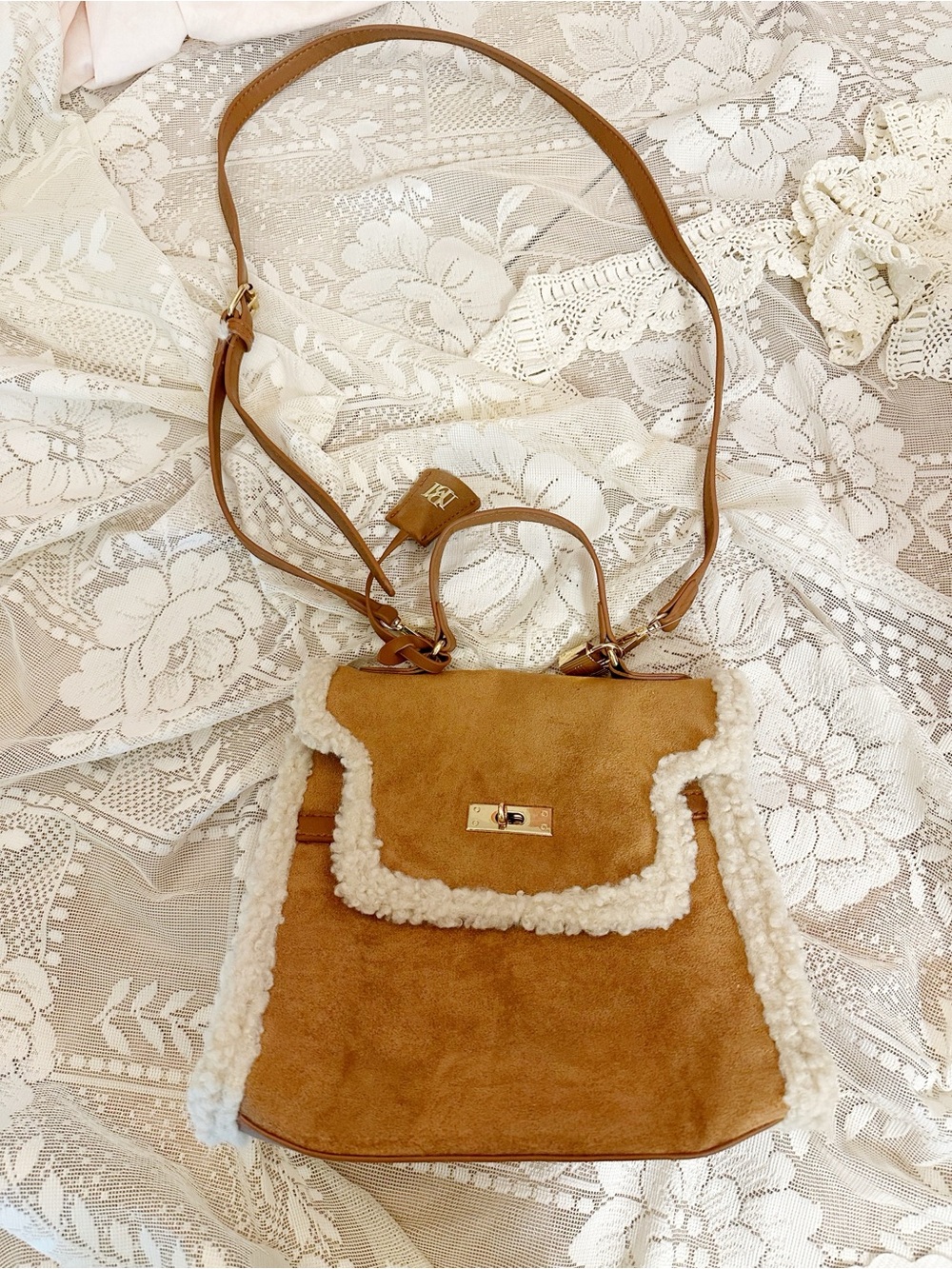 Badgley Mischka Tan Suede Crossbody with Cream Shearling Trim